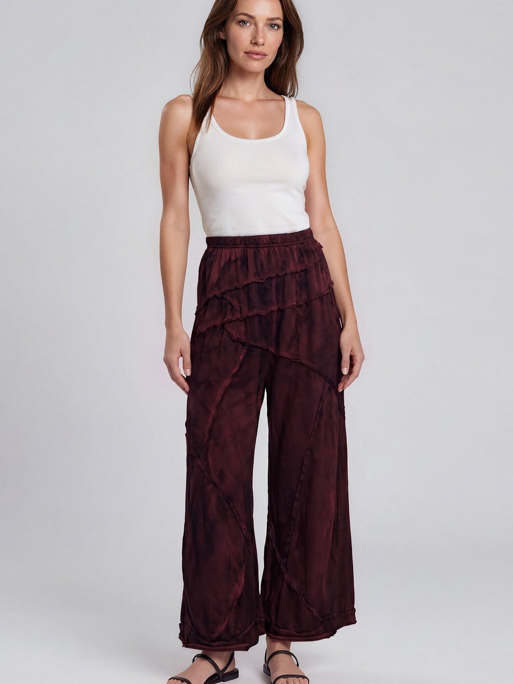 Wide-Leg Ruffle Detail Pants - Deep Burgundy